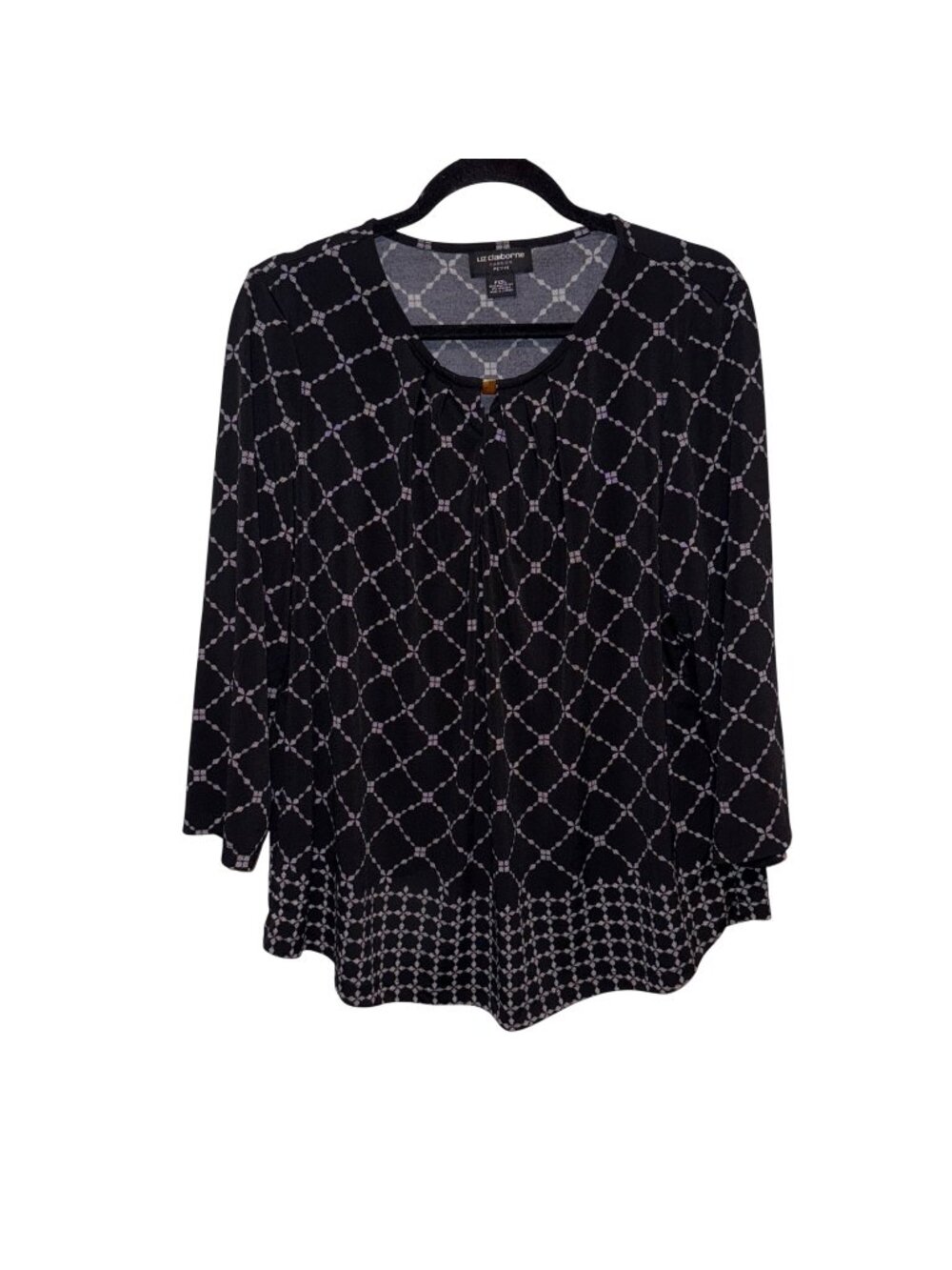 Liz Claiborne Career Petite Black Geometric-Print Long-Sleeve Top PXXL